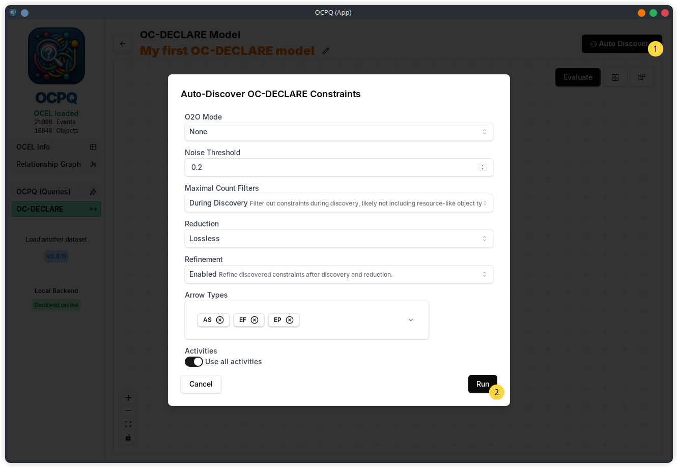 Discovering OC-DECLARE constraints